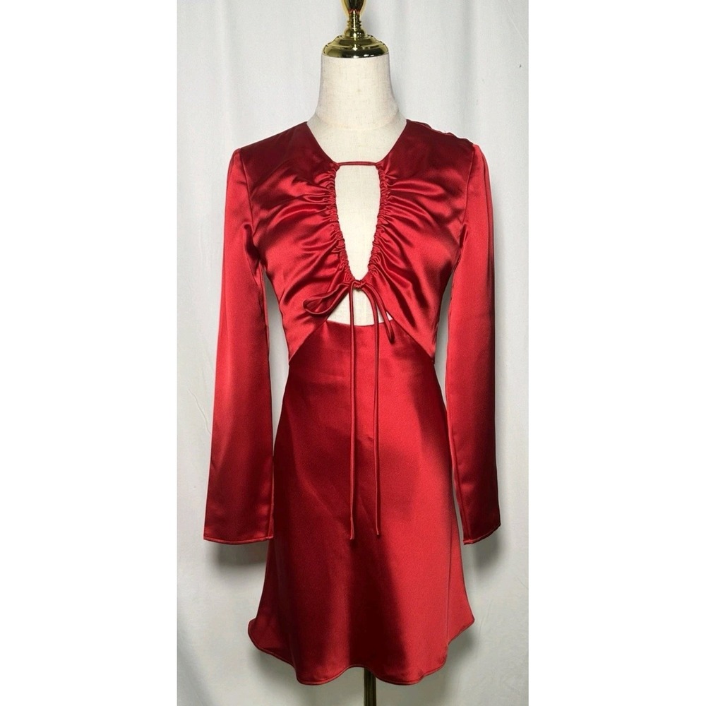 Gianna Bini Red Satin Ruched Tie Front Long  Mini Dress Size‎ 12 Party Sexy READ
